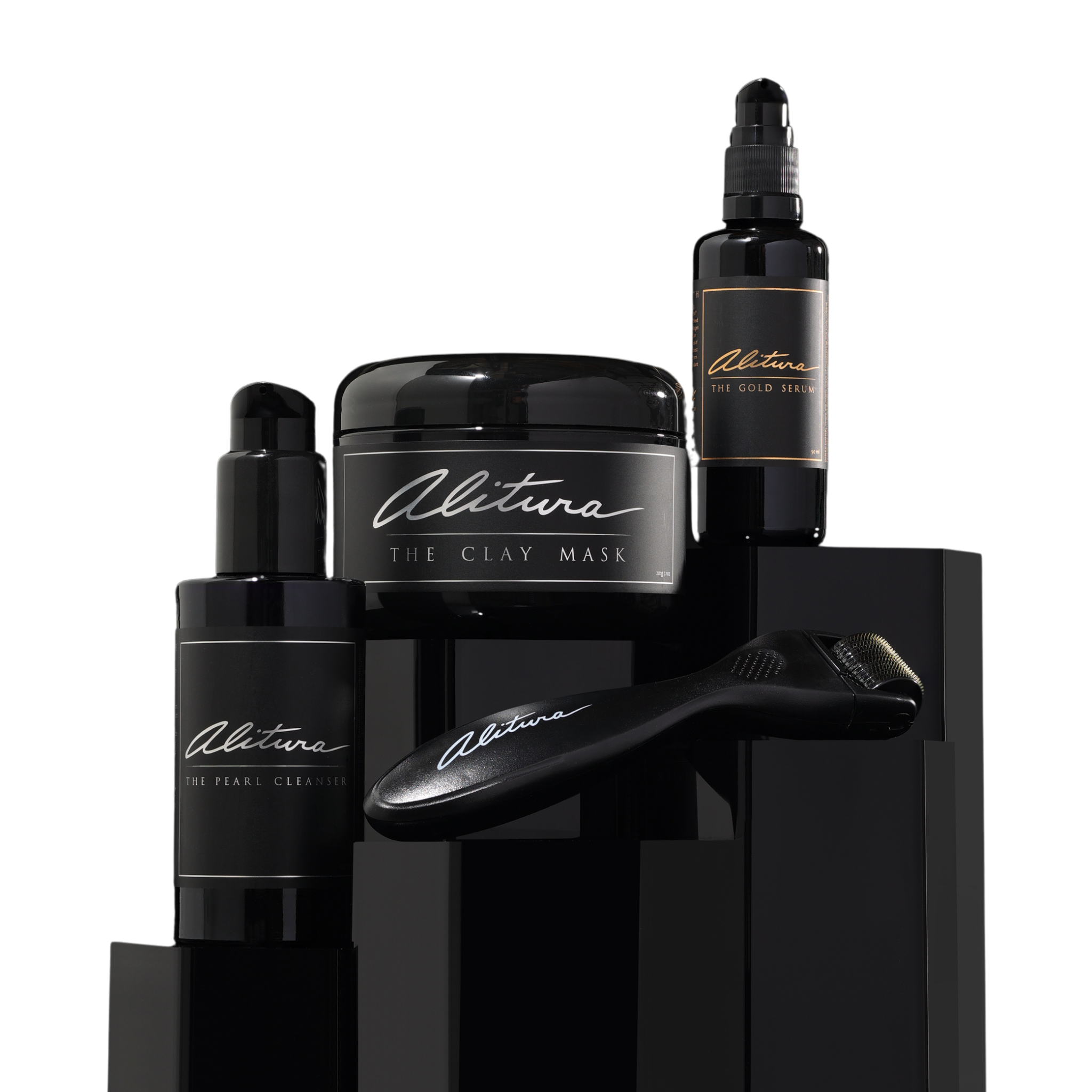 photo of alitura skincare products on a pedestal with a white background