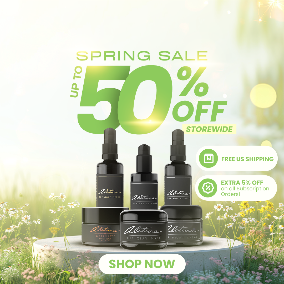 Spring sale banner with skincare products on a natural background