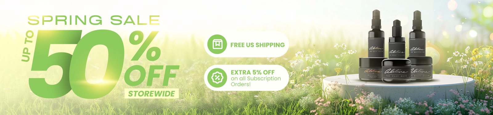 Spring sale banner with skincare products on a natural background