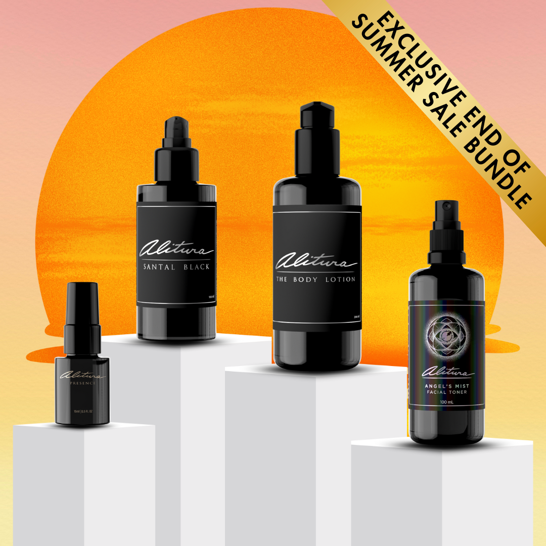 Set of skincare products with 'Alitura' branding against a sunset background with sale text.