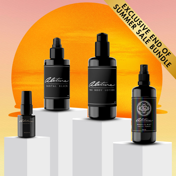 Set of skincare products with 'Alitura' branding against a sunset background with sale text.