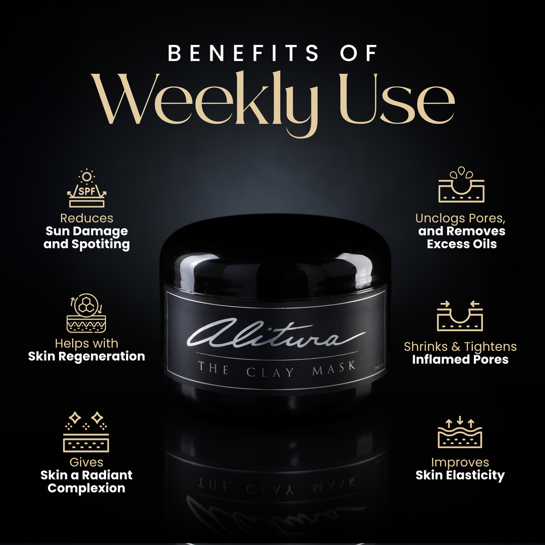 Black jar of Alitwa The Clay Mask with benefits listed on a dark background