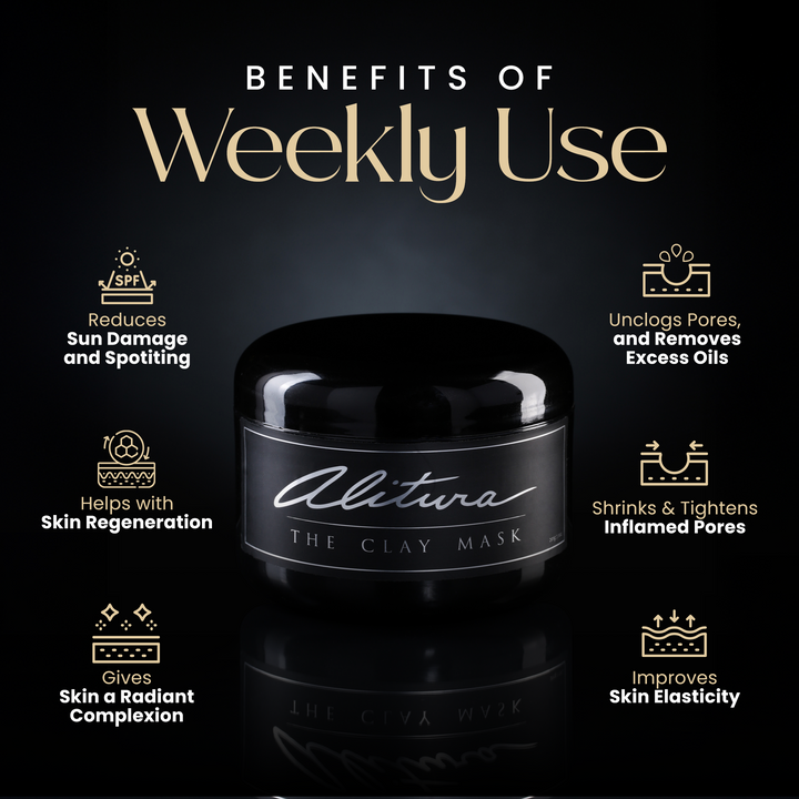 Black jar of Alitwa The Clay Mask with benefits listed on a dark background