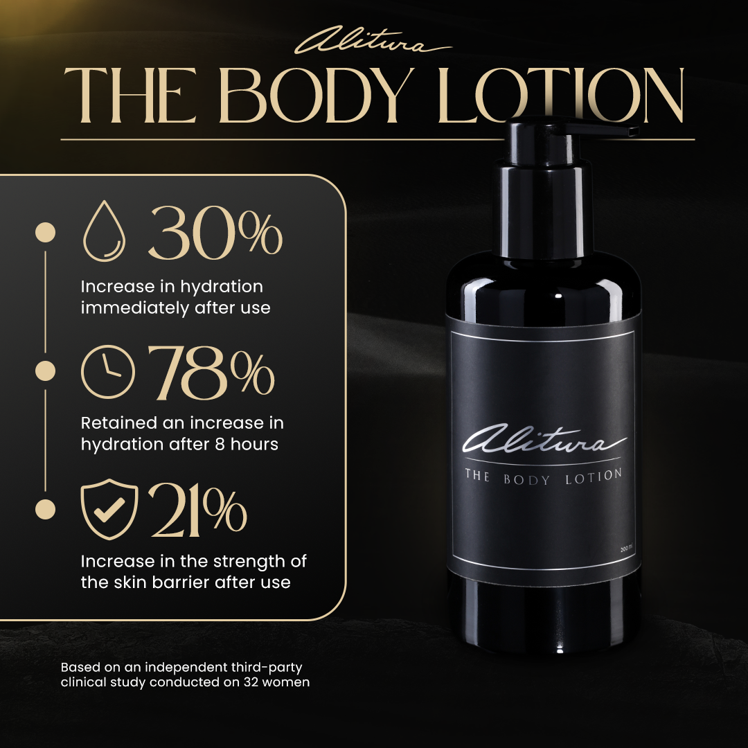 Alitura The Body Lotion bottle with hydration benefits on a black background