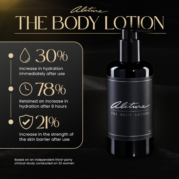 Alitura The Body Lotion bottle with hydration benefits on a black background