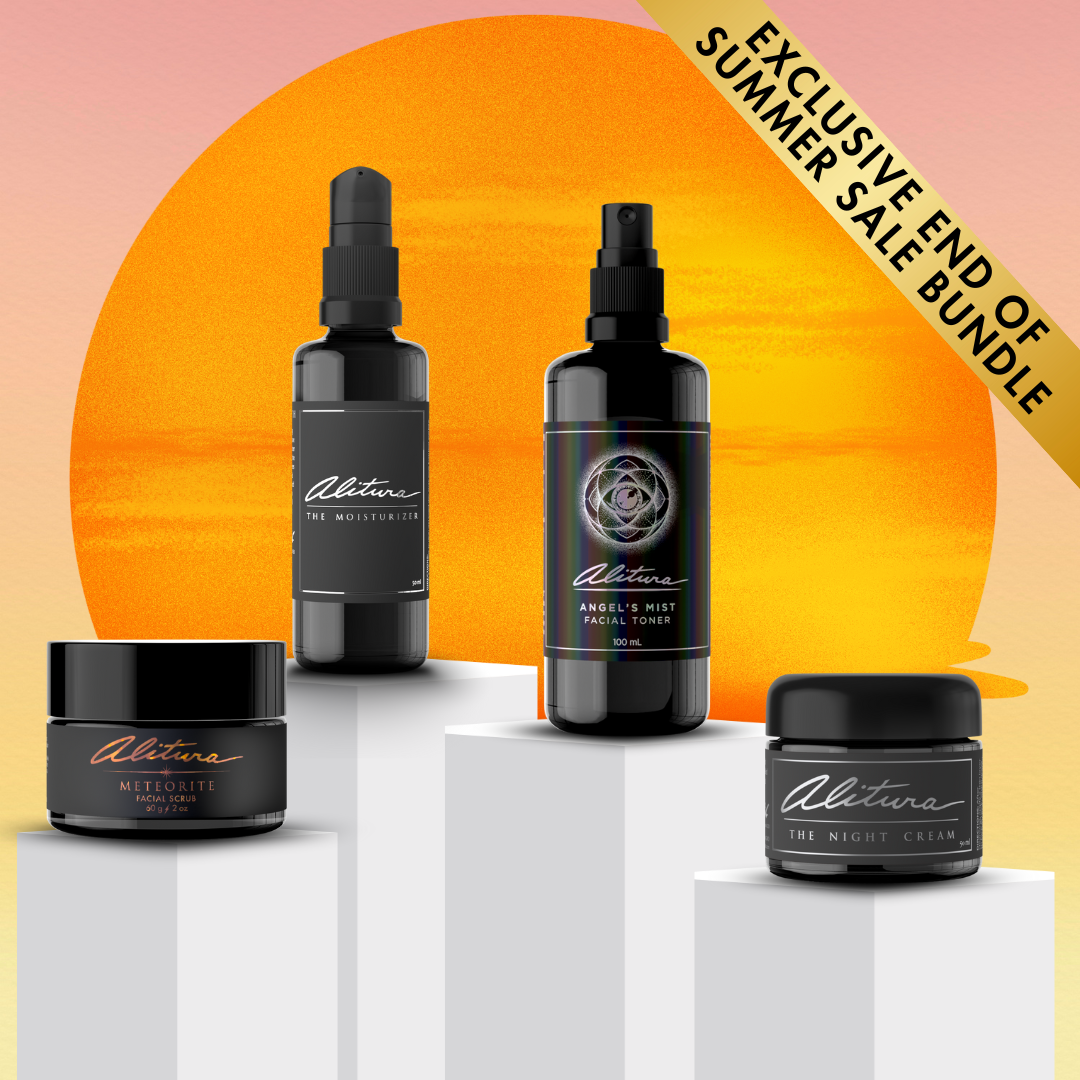 Set of skincare products with 'Alitura' branding against a sunset background with sale text.