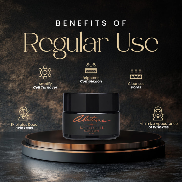 Meteorite Scrub jar with benefits of regular use on a dark background