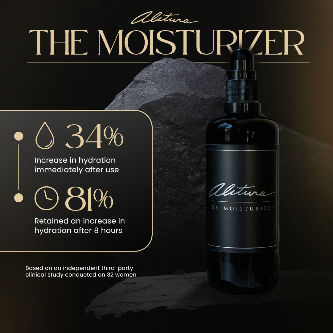 Alitura moisturizer bottle with hydration benefits on a dark background