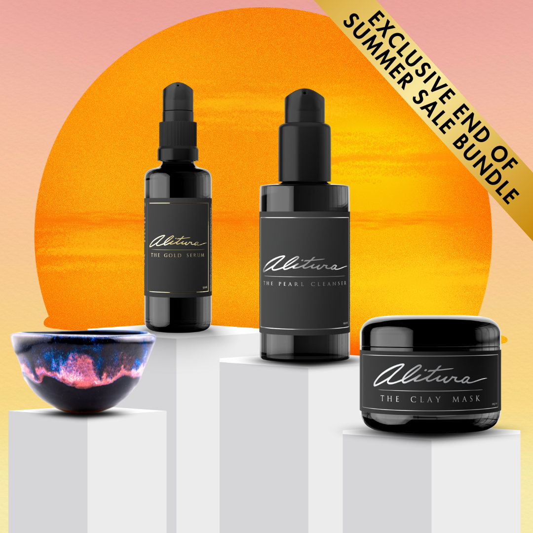 Set of skincare products with 'Alitura' branding against a sunset background with sale text.