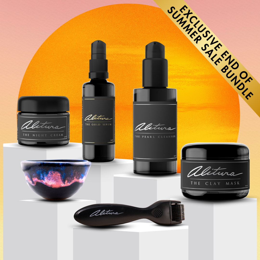 Set of skincare products with 'Alitura' branding against a sunset background with sale text.