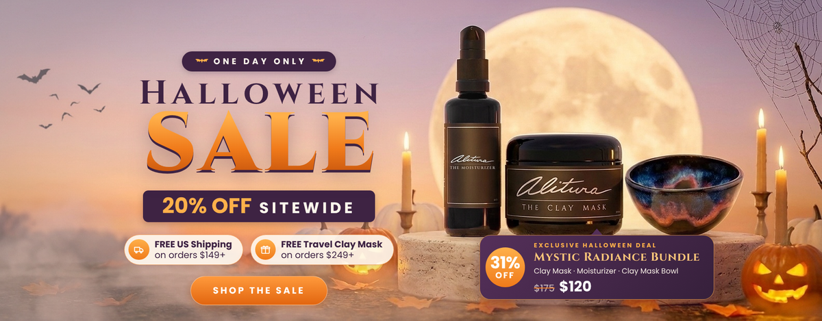 Halloween sale promotional banner featuring a bottle of alitura moisturizer, a jar of clay mask , and a bowl of clay mask powder on a stone pedestal, with candles, a full moon, and spooky background elements.