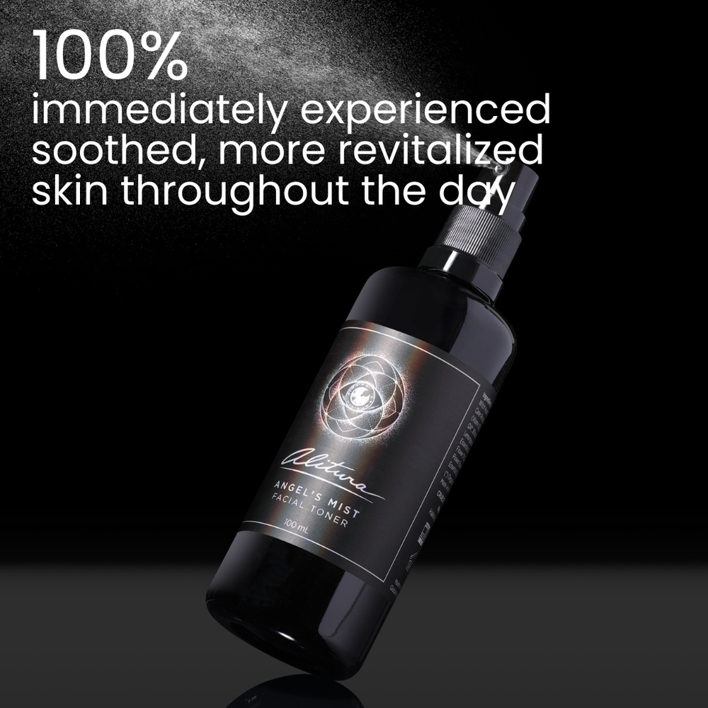 A black bottle of Alitura Angel's Mist Facial Toner spray, angled diagonally on a dark reflective surface with white promotional text overlay at the top.