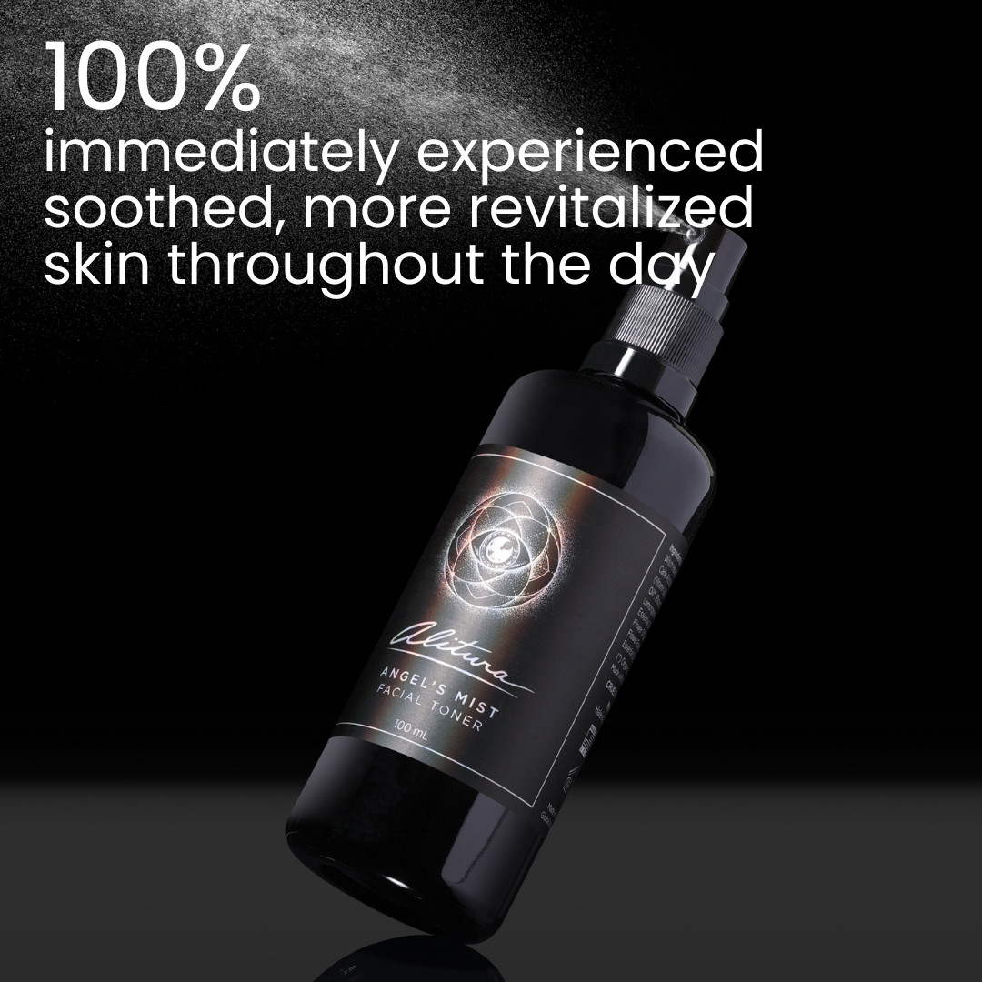 A black bottle of Alitura Angel's Mist Facial Toner spray, angled diagonally on a dark reflective surface with white promotional text overlay at the top.
