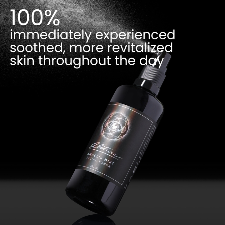 A black bottle of Alitura Angel's Mist Facial Toner spray, angled diagonally on a dark reflective surface with white promotional text overlay at the top.