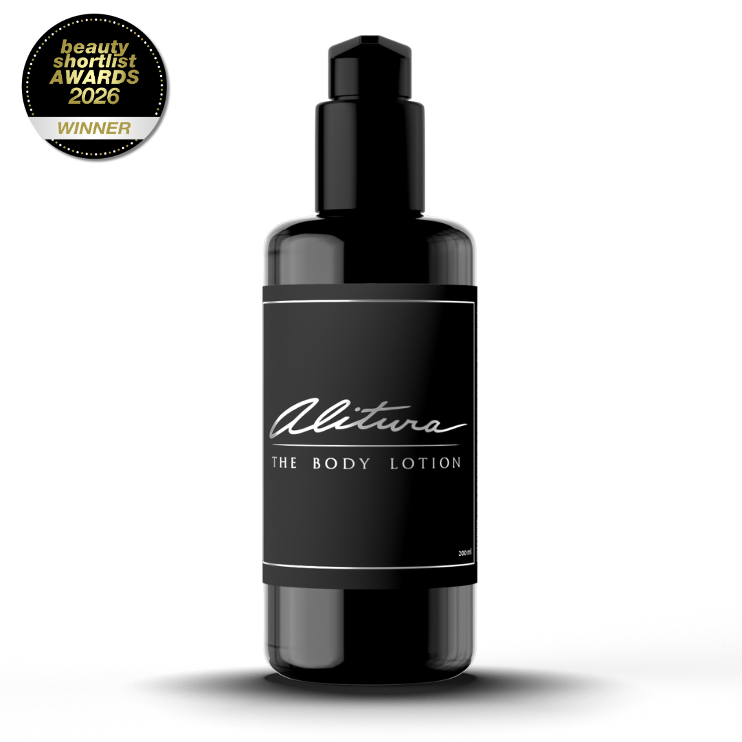 Black lotion bottle with 'Alitura' branding on a white background, featuring an award badge.