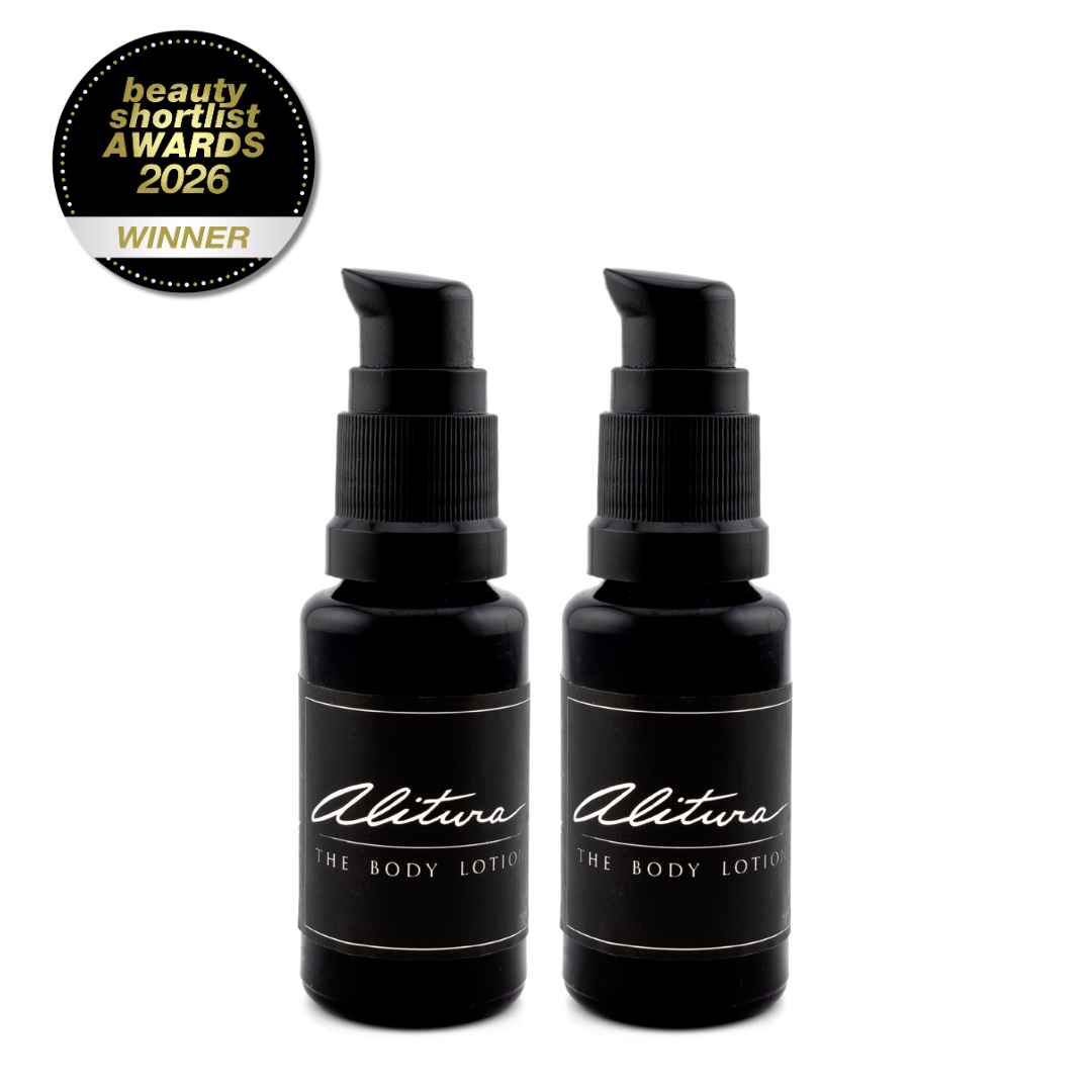 Two black bottles of 'Alitura The Body Lotion' with a 2026 beauty shortlist award badge on a white background.