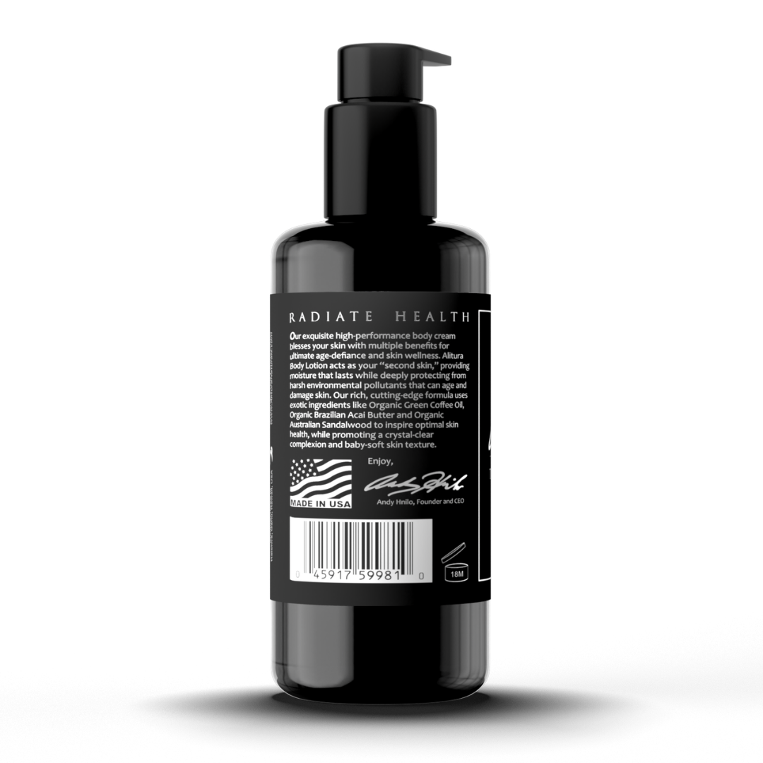 Black skincare bottle with label on a white background