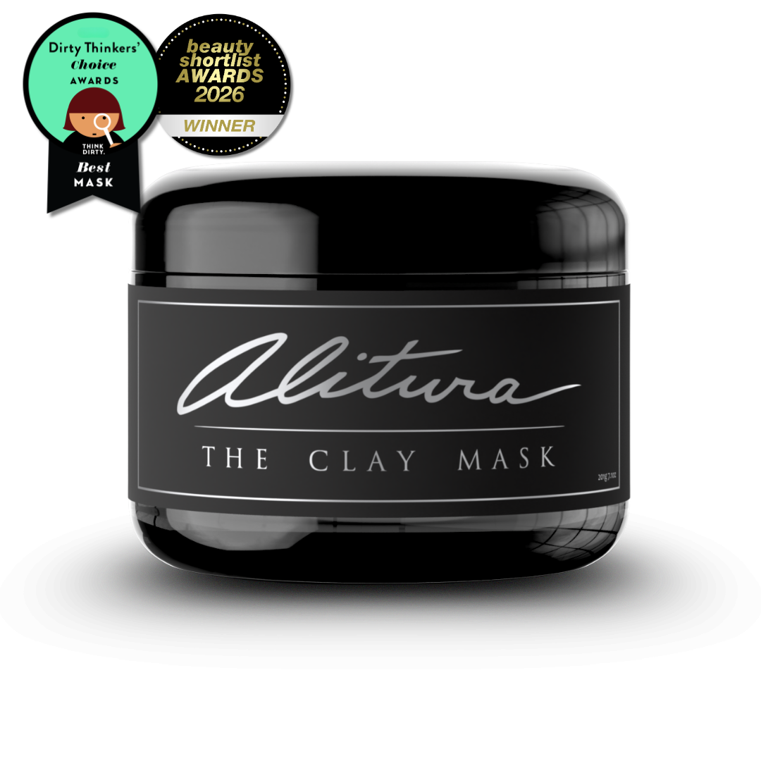 Alitura The Clay Mask jar with awards on a white background