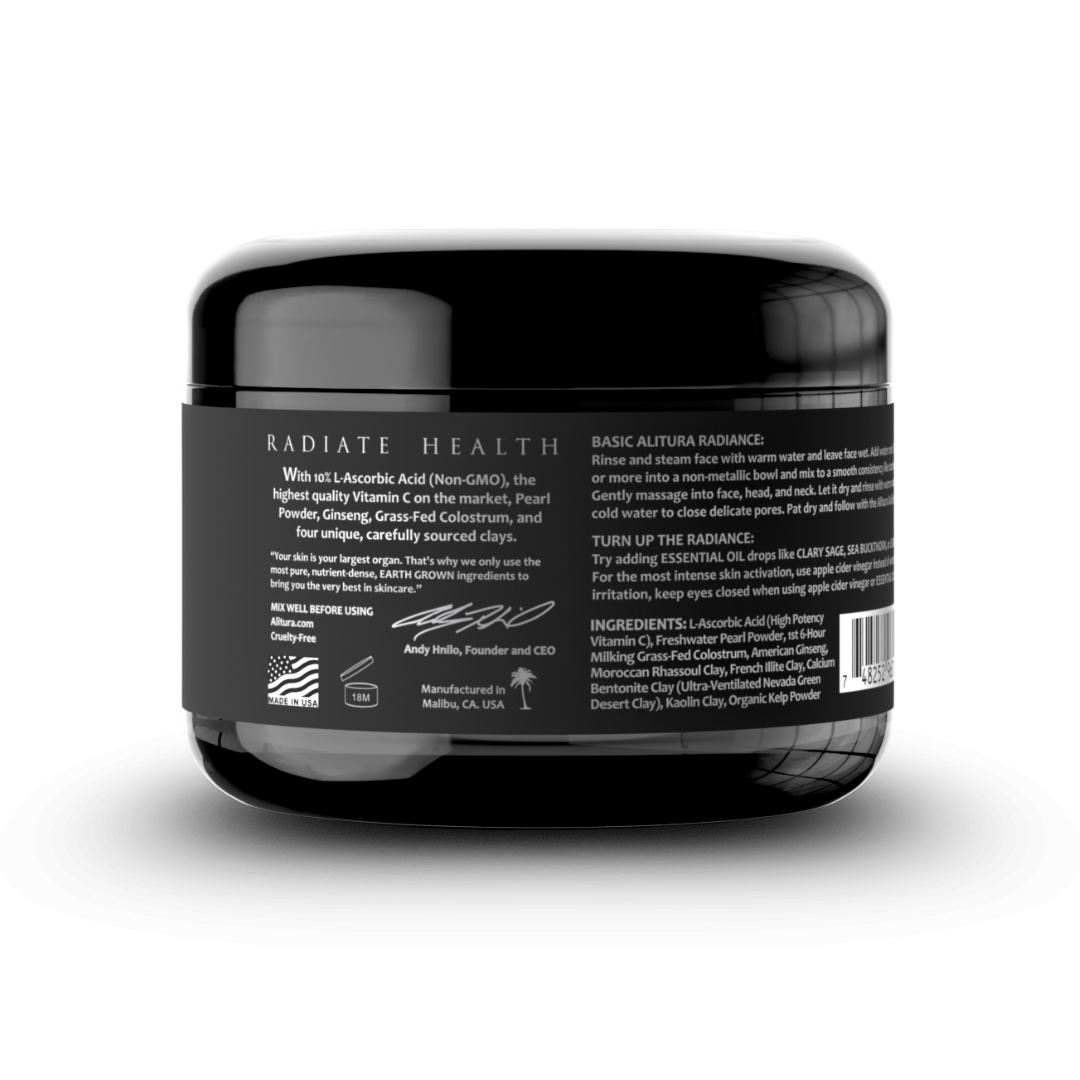 Black jar with 'Radiate Health' branding on a white background