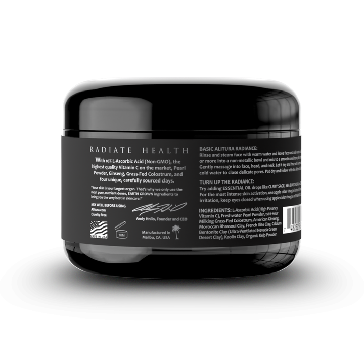 Black jar with 'Radiate Health' branding on a white background