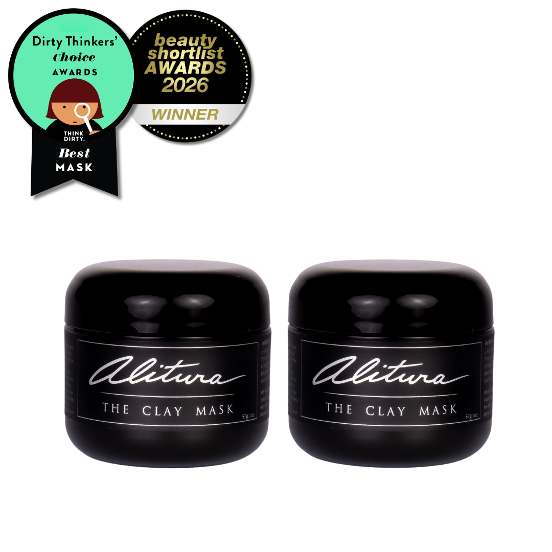 Two black containers of Alitura The Clay Mask with awards on a white background