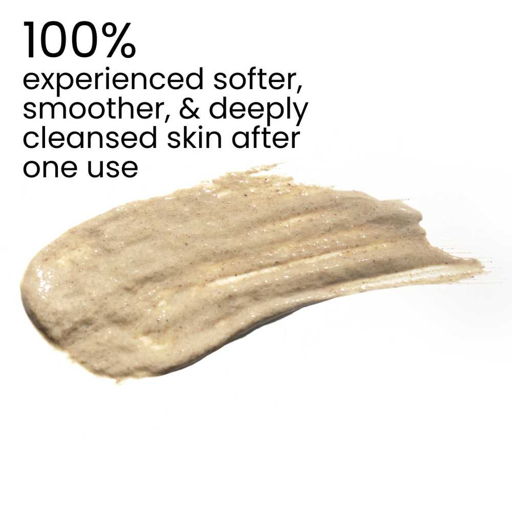 A swatch of beige skincare cream or powder texture on a white background, with black text at the top reading '100% experienced softer, smoother, & purified skin after one use'.