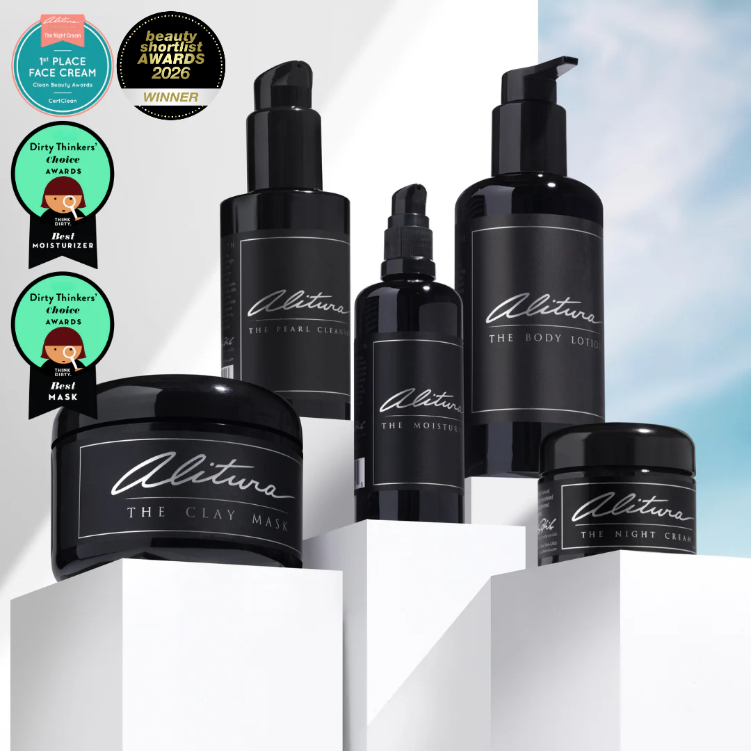 Collection of Alitura skincare products on a white background with awards displayed.