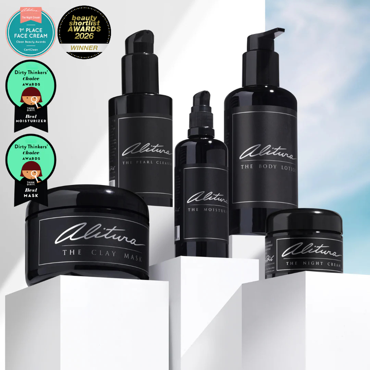 Collection of Alitura skincare products on a white background with awards displayed.