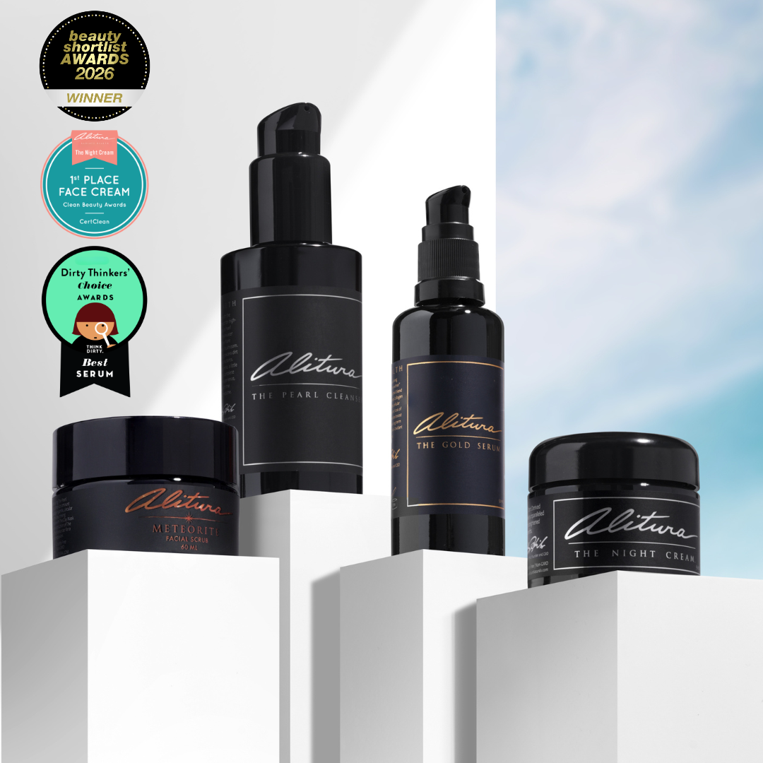 Alitura skincare products with awards on a gradient background
