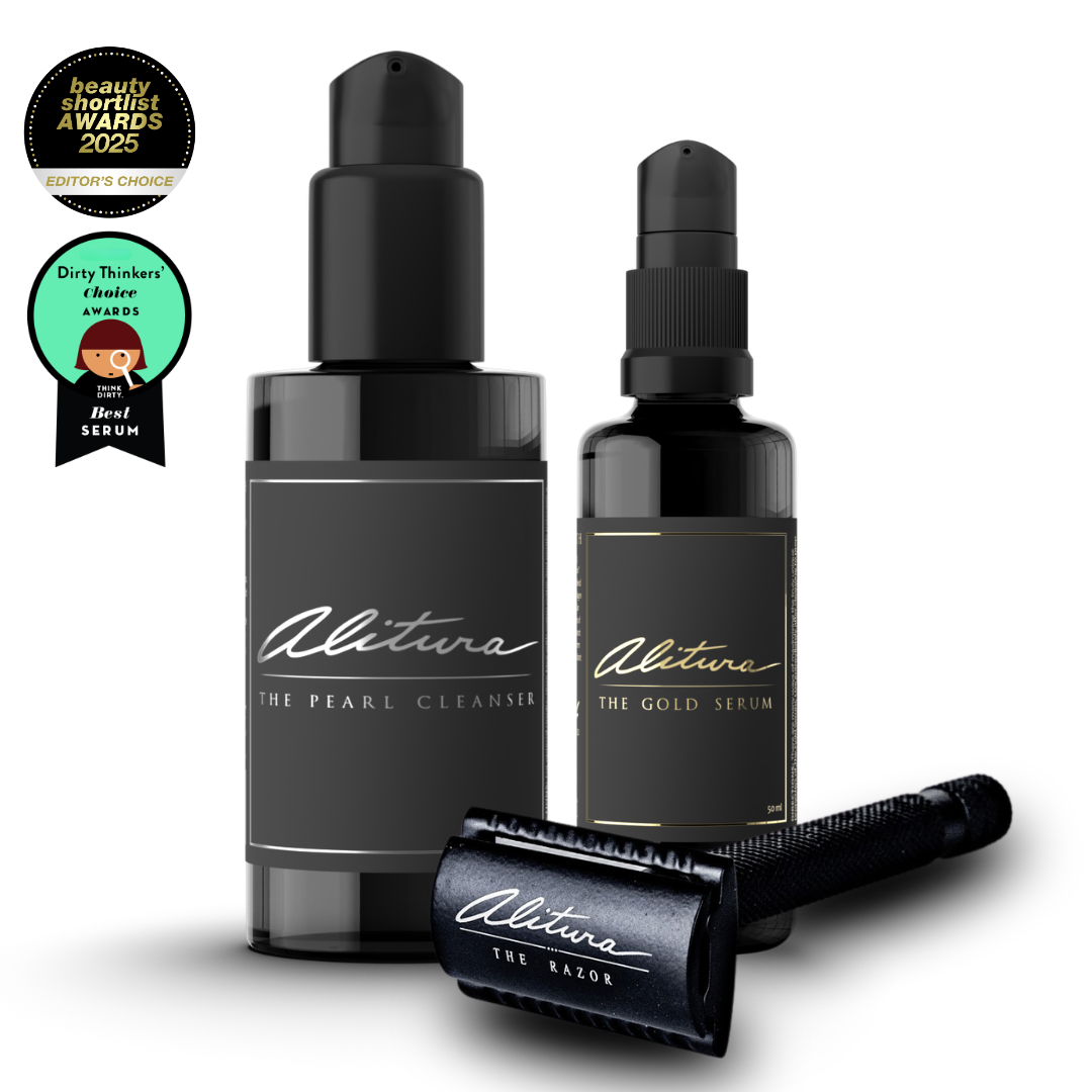 Two black bottles labeled 'The Pearl Cleanser' and 'The Gold Serum' with a black razor on a white background, featuring awards badges.