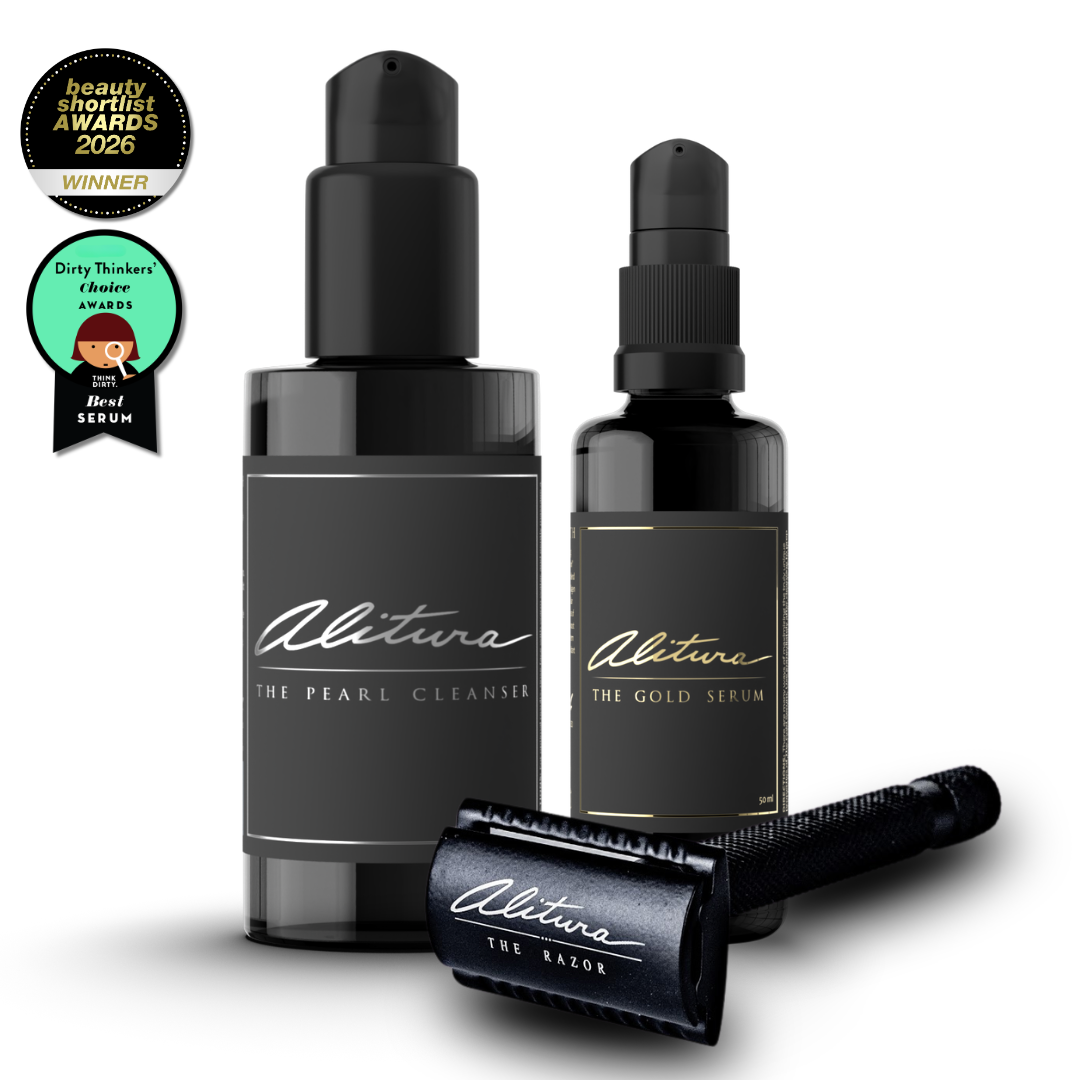Two black bottles labeled 'The Pearl Cleanser' and 'The Gold Serum' with a black razor on a white background, featuring awards badges.