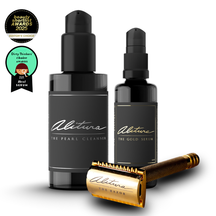 Two black bottles labeled 'The Pearl Cleanser' and 'The Gold Serum' with a gold razor on a white background, featuring awards badges.