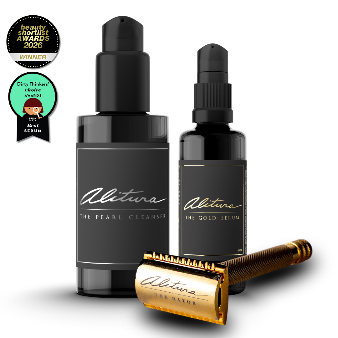 Two black bottles labeled 'Alitura' with a gold razor on a white background