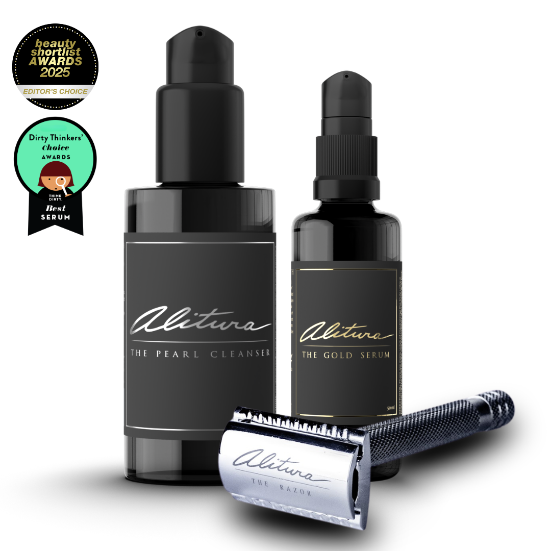 Two black bottles labeled 'The Pearl Cleanser' and 'The Gold Serum' with a silver razor on a white background, featuring awards badges.