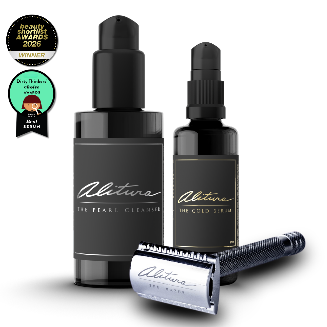 Two black bottles labeled 'Alitura' with a silver razor on a white background.