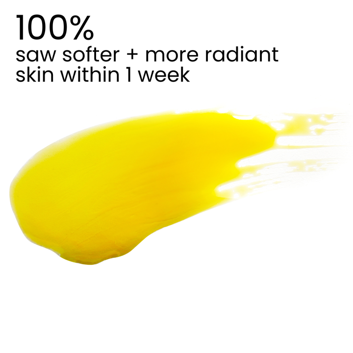 Yellow skincare product with text claiming softer and more radiant skin within a week on a white background