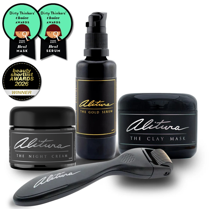 Alitura skincare products including serum, mask, cream, and roller on a white background with awards displayed.