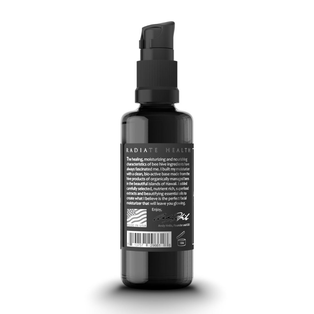 Black skincare bottle with label on a white background