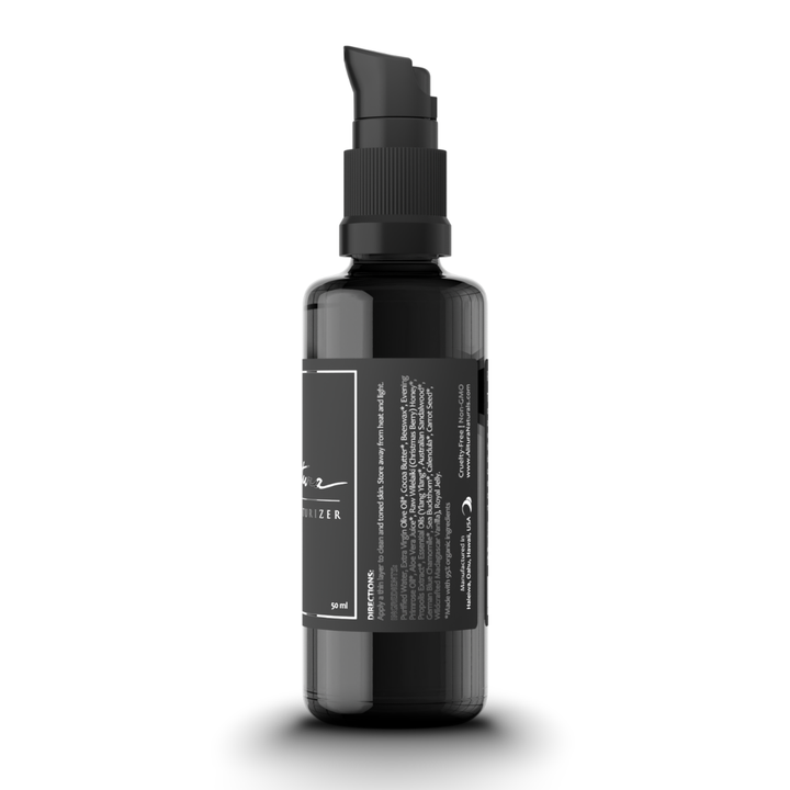 Black skincare bottle with label on a white background
