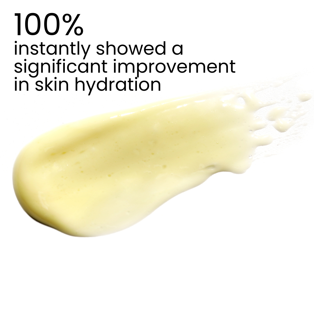 Product smear with text indicating significant improvement in skin hydration