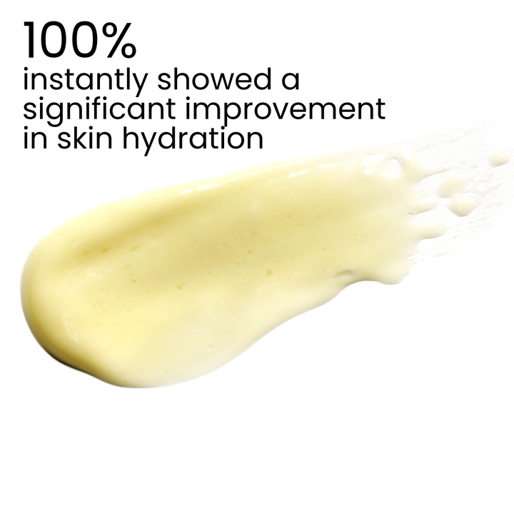 Product smear with text indicating significant improvement in skin hydration