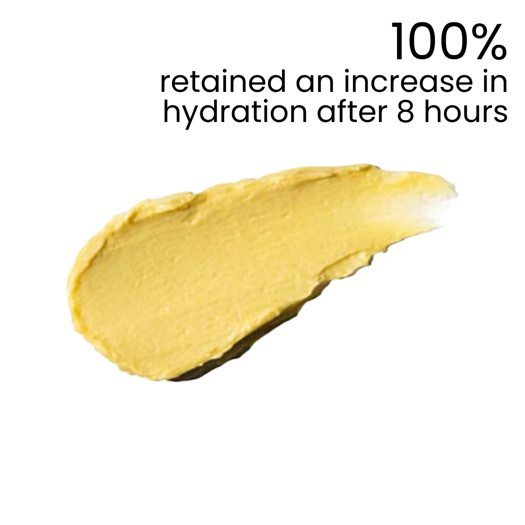 Night cream swatch with text '100% retained an increase in hydration after 8 hours' on a white background
