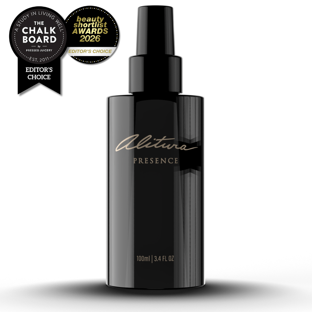 Black perfume bottle labeled 'Alitura Presence' with awards on a white background
