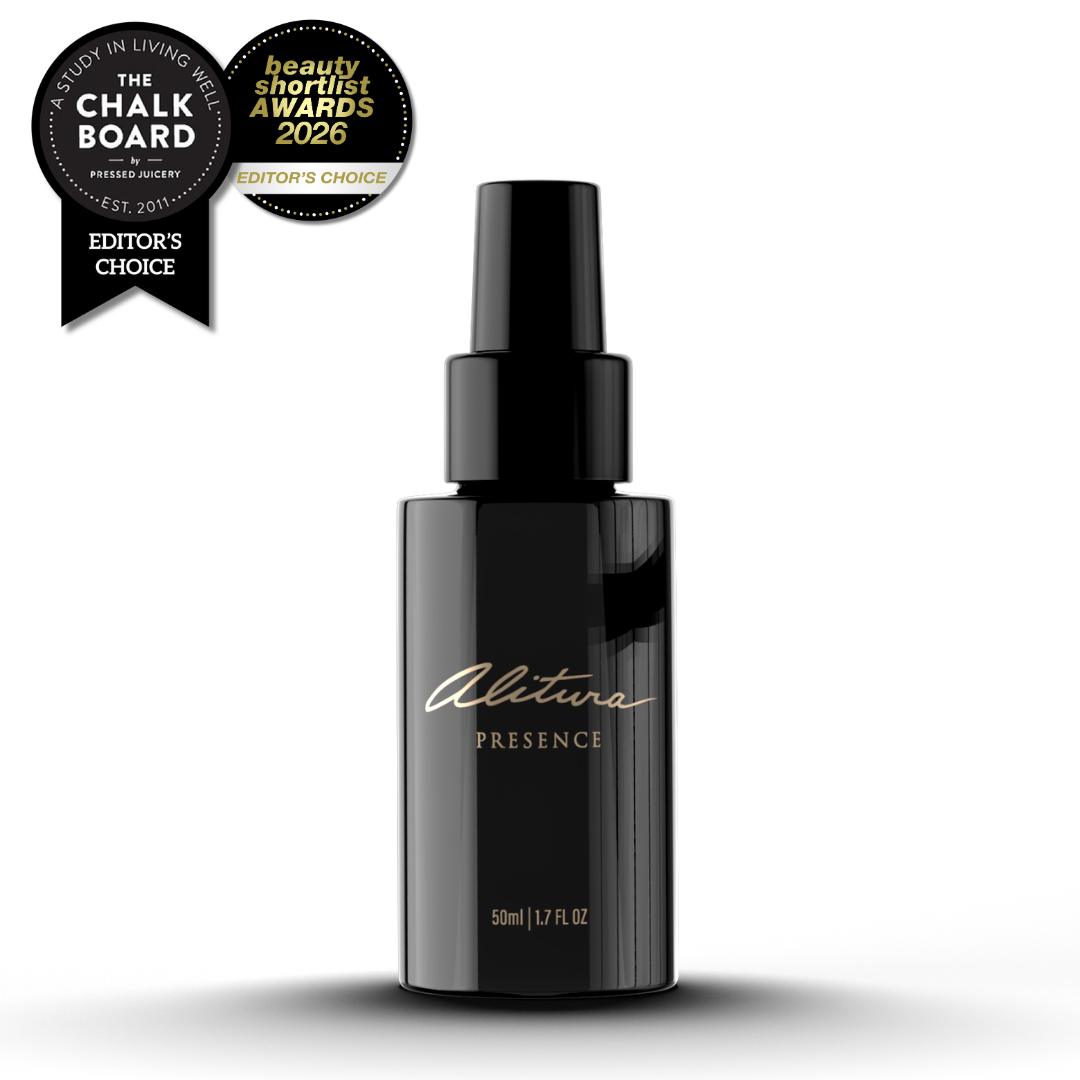 Black perfume bottle labeled 'Alitura Presence' with awards on a white background