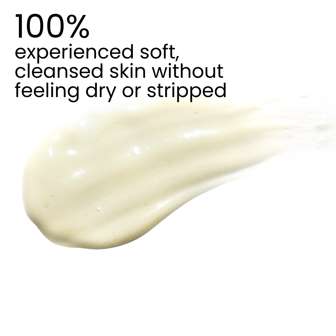 Close-up of a smooth cream application with text about skin care benefits on a white background