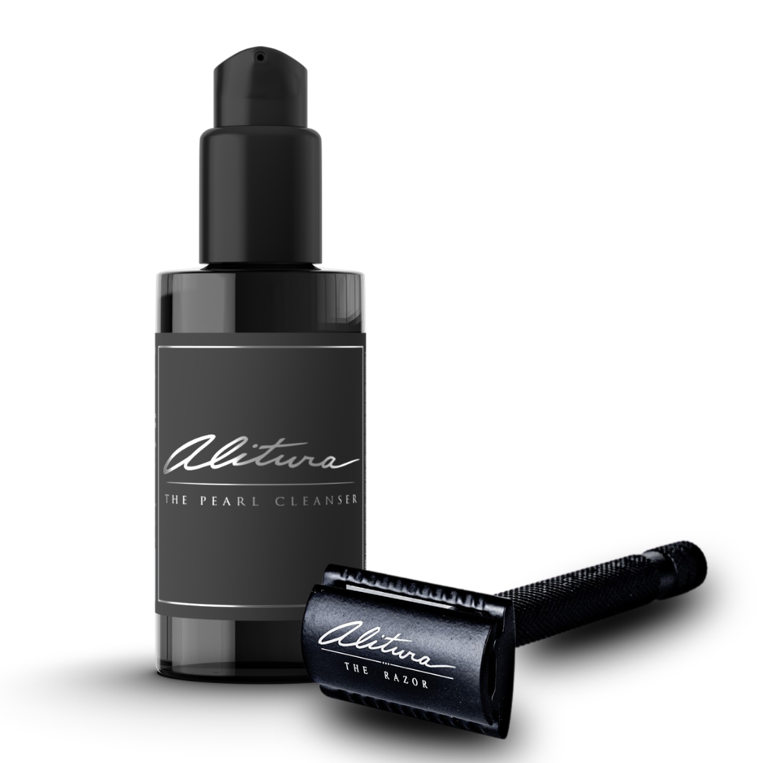 Black skincare bottle and razor with 'Alitura' branding on a white background