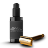 Black skincare bottle and gold razor with &