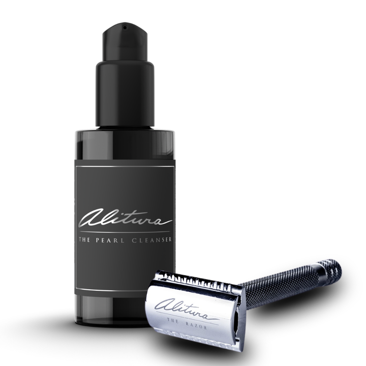 Black skincare bottle and silver razor with 'Alitura' branding on a white background