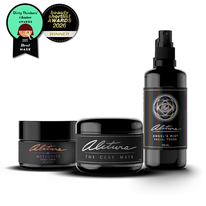 Alitura skincare products including jars and a bottle with awards on a white background