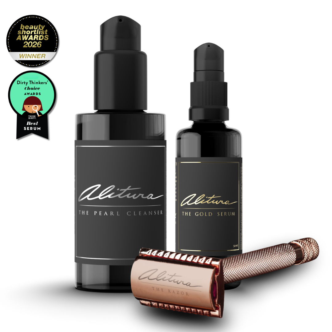 Two black bottles labeled 'Alitura' with a rose gold razor on a white background, featuring awards badges.